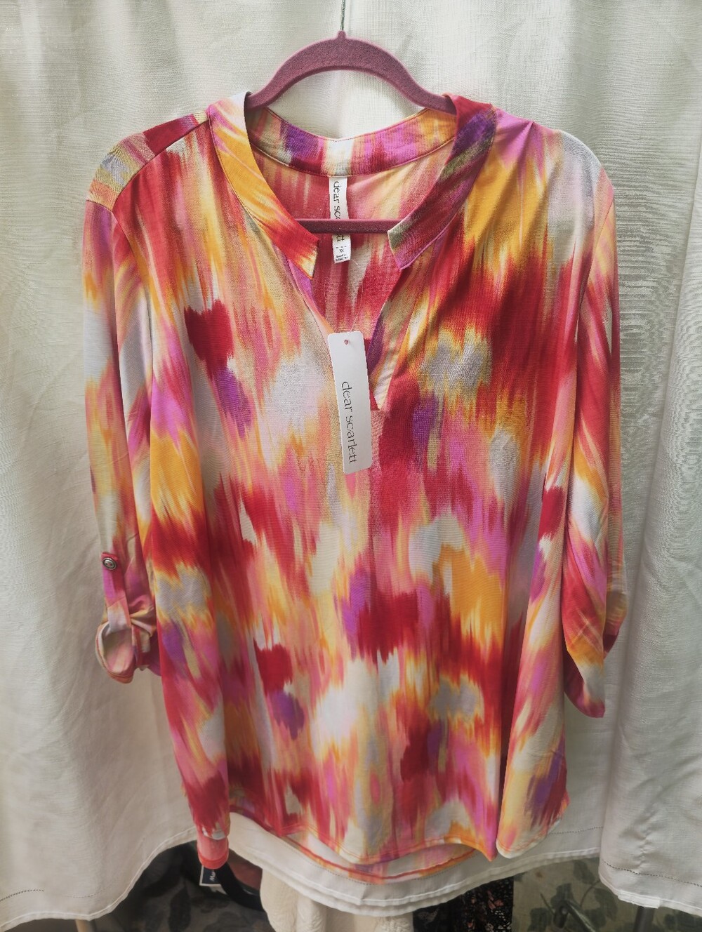 NWT Dear Scarlett Watercolor Abstract Split Neck Blouse 3/4 Roll Tab Sleeve 3X